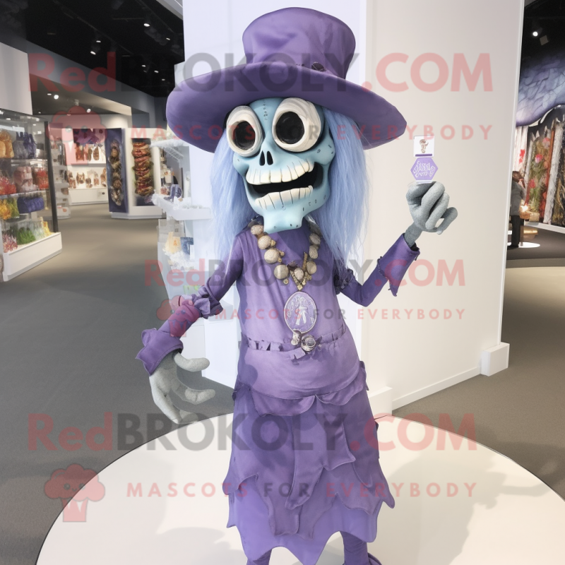 Lavender Undead mascot costume character dressed with a Sheath Dress and Hat pins Lavender Undead mascot costume character dressed with a Sheath Dress and Hat pins