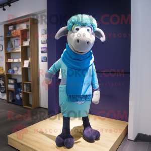 Cyan Sheep mascot costume character dressed with a Bootcut Jeans and Scarves