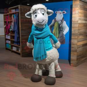 Cyan Sheep mascot costume character dressed with a Bootcut Jeans and Scarves