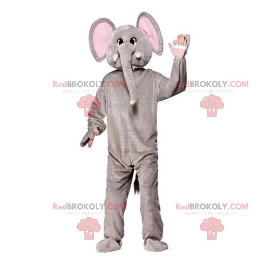 Grijs en roze olifant mascotte, dikhuidige kostuum -