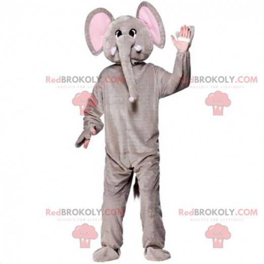Mascote elefante cinza e rosa, fantasia de paquiderme -