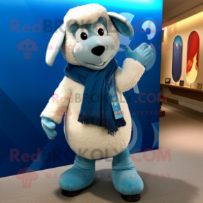 Cyan Sheep mascot costume character dressed with a Bootcut Jeans and Scarves