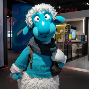 Cyan Sheep mascot costume character dressed with a Bootcut Jeans and Scarves