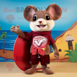 Maroon Dormouse mascot costume character dressed with a Board Shorts and Scarves