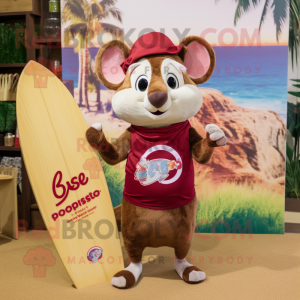 Maroon Dormouse mascot costume character dressed with a Board Shorts and Scarves