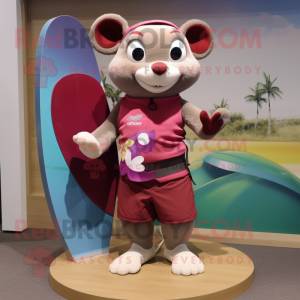 Maroon Dormouse mascot costume character dressed with a Board Shorts and Scarves