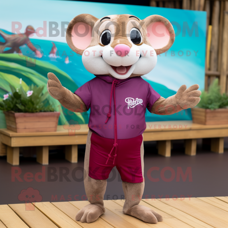 Maroon Dormouse mascot costume character dressed with a Board Shorts and Scarves Maroon Dormouse mascot costume character dressed with a Board Shorts and Scarves