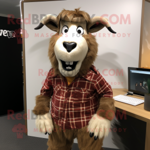 Brown Goat mascot costume character dressed with a Flannel Shirt and Cufflinks