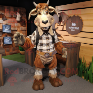 Brown Goat mascot costume character dressed with a Flannel Shirt and Cufflinks