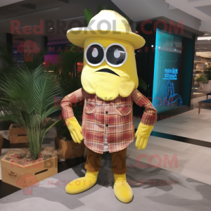Yellow Squid mascot costume character dressed with a Flannel Shirt and Hat pins