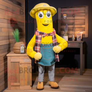 Yellow Squid mascot costume character dressed with a Flannel Shirt and Hat pins