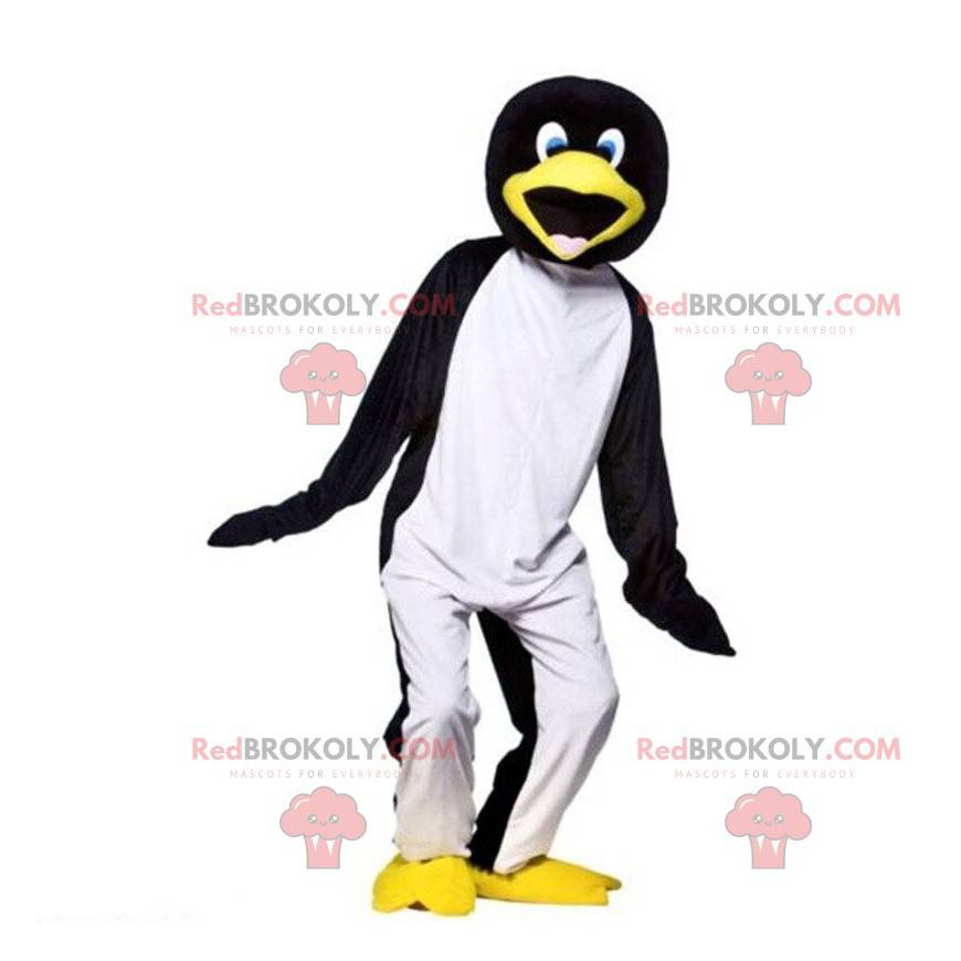 Mascote pinguim preto, branco e amarelo muito divertido -