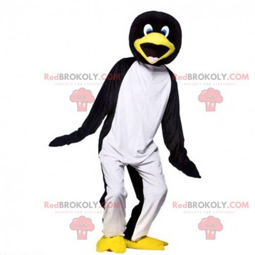 Mascote pinguim preto, branco e amarelo muito divertido -