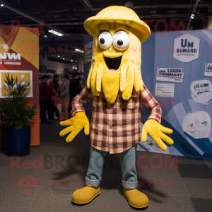 Yellow Squid mascot costume character dressed with a Flannel Shirt and Hat pins