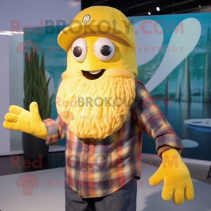 Yellow Squid mascot costume character dressed with a Flannel Shirt and Hat pins