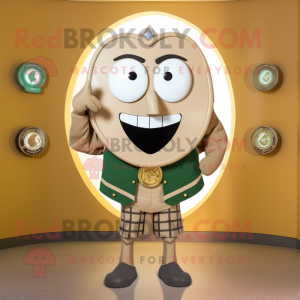 Tan Celtic Shield mascot costume character dressed with a Suit Pants and Bow ties
