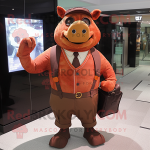 Rust Sow mascot costume character dressed with a Suit Pants and Messenger bags