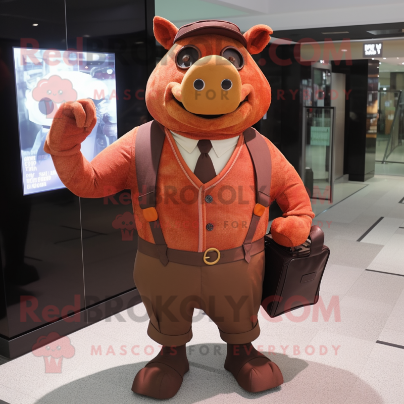 Rust Sow mascot costume character dressed with a Suit Pants and Messenger bags Rust Sow mascot costume character dressed with a Suit Pants and Messenger bags
