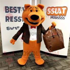 Rust Sow mascot costume character dressed with a Suit Pants and Messenger bags