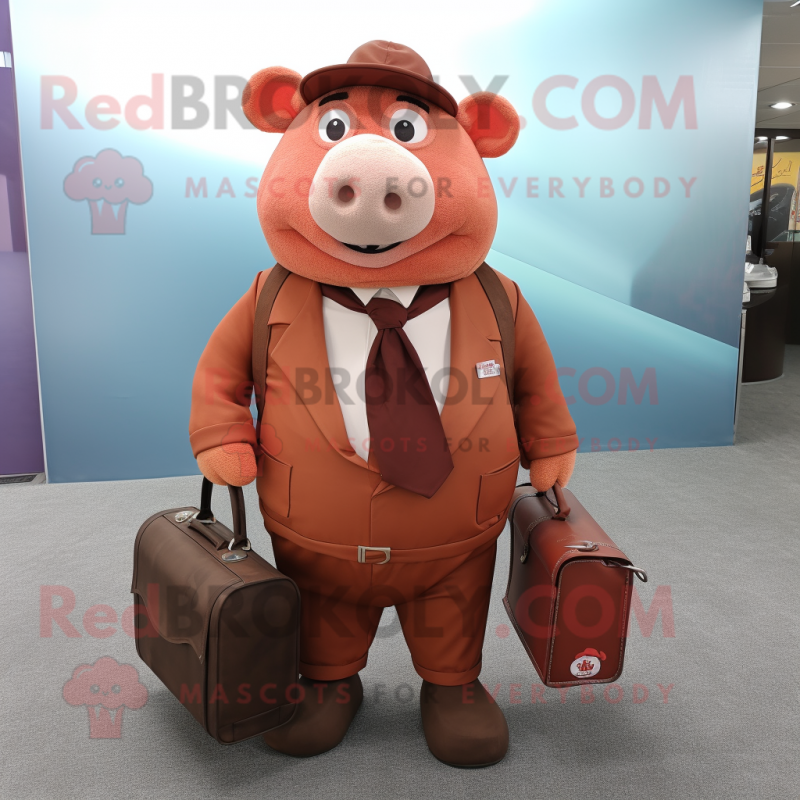 Rust Sow mascot costume character dressed with a Suit Pants and Messenger bags