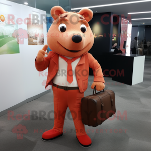 Rust Sow mascot costume character dressed with a Suit Pants and Messenger bags