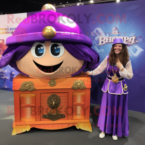 Purple Treasure Chest mascot costume character dressed with a Maxi Skirt and Rings