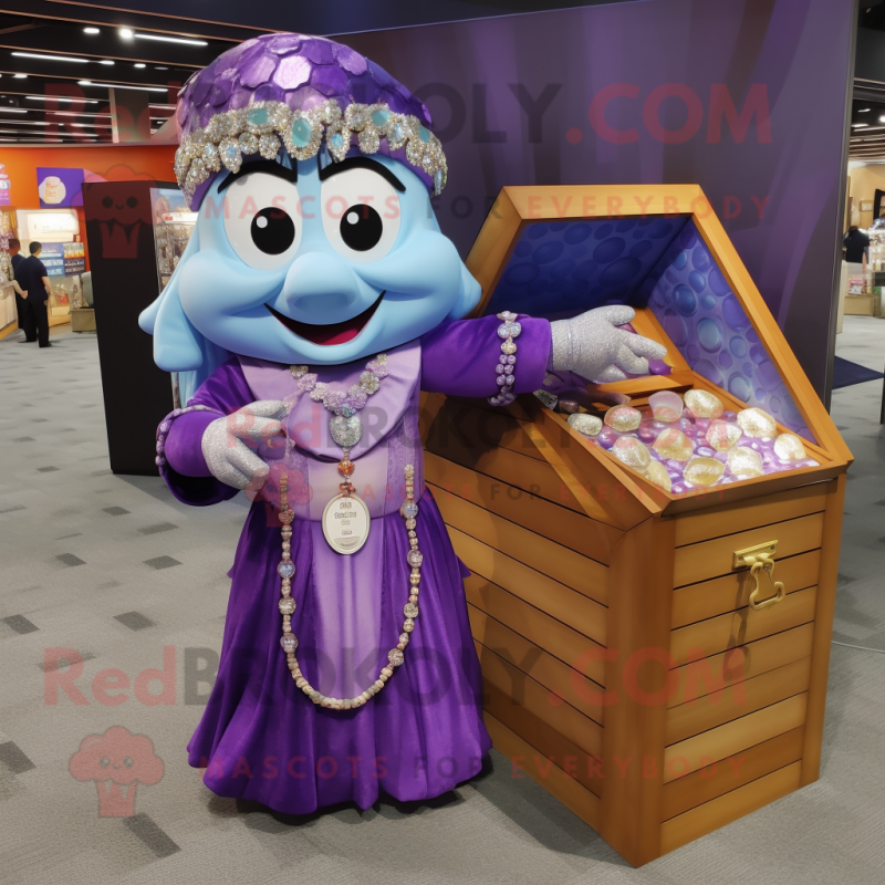 Purple Treasure Chest mascot costume character dressed with a Maxi Skirt and Rings Purple Treasure Chest mascot costume character dressed with a Maxi Skirt and Rings