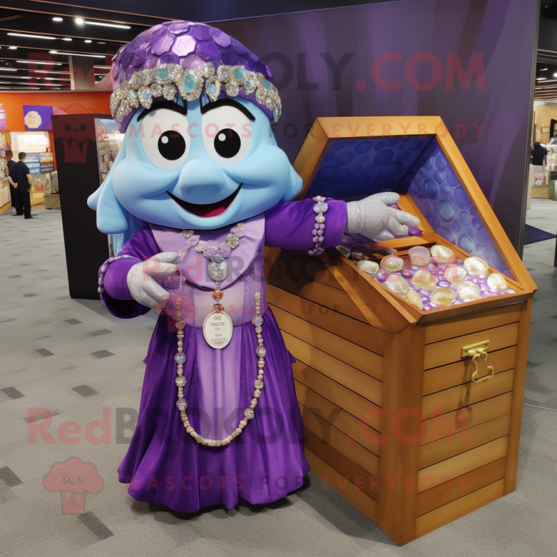 Purple Treasure Chest mascot costume character dressed with a Maxi Skirt and Rings