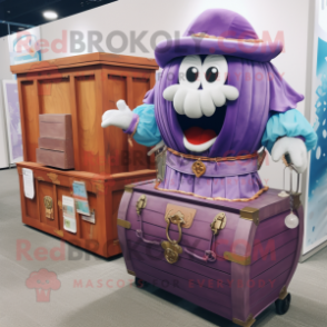 Purple Treasure Chest mascot costume character dressed with a Maxi Skirt and Rings