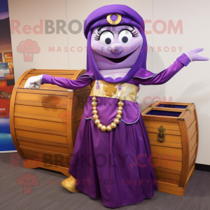 Purple Treasure Chest mascot costume character dressed with a Maxi Skirt and Rings