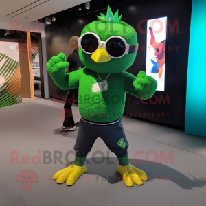 Green Eagle mascot costume character dressed with a Yoga Pants and Sunglasses