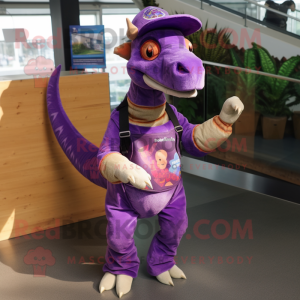 Purple Parasaurolophus mascot costume character dressed with a Overalls and Mittens