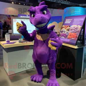 Purple Parasaurolophus mascot costume character dressed with a Overalls and Mittens