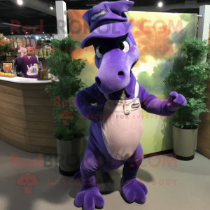 Purple Parasaurolophus mascot costume character dressed with a Overalls and Mittens