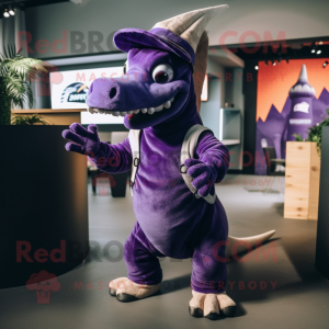 Purple Parasaurolophus mascot costume character dressed with a Overalls and Mittens