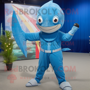 Sky Blue Swordfish mascot costume character dressed with a Capri Pants and Gloves