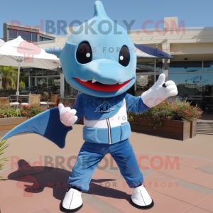 Sky Blue Swordfish mascot costume character dressed with a Capri Pants and Gloves