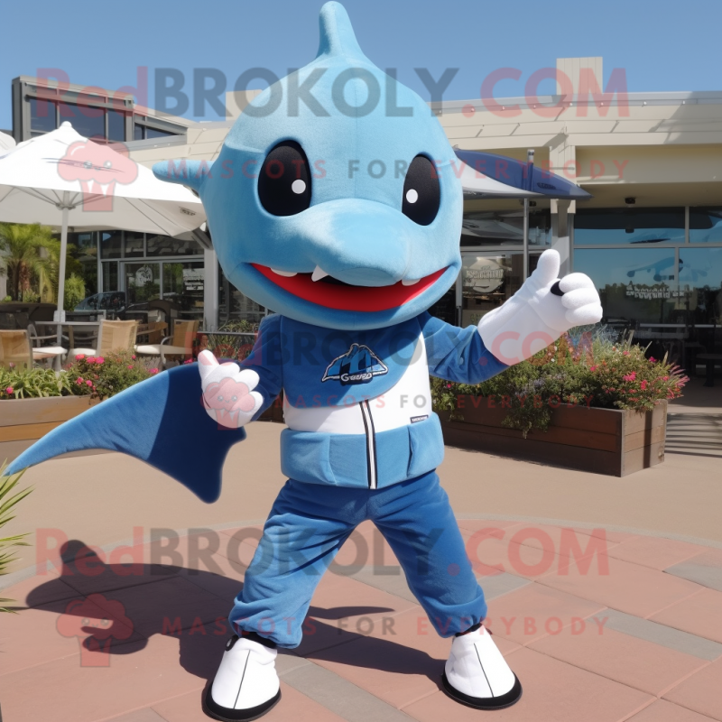 Sky Blue Swordfish mascot costume character dressed with a Capri Pants and Gloves Sky Blue Swordfish mascot costume character dressed with a Capri Pants and Gloves