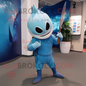 Sky Blue Swordfish mascot costume character dressed with a Capri Pants and Gloves