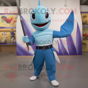 Sky Blue Swordfish mascot costume character dressed with a Capri Pants and Gloves