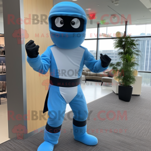 Sky Blue Ninja mascot costume character dressed with a Dress Pants and Belts