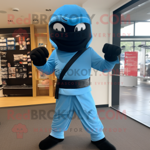 Sky Blue Ninja mascot costume character dressed with a Dress Pants and Belts