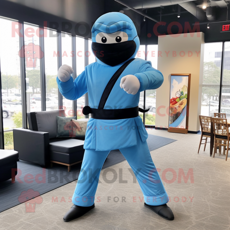 Sky Blue Ninja mascot costume character dressed with a Dress Pants and Belts Sky Blue Ninja mascot costume character dressed with a Dress Pants and Belts