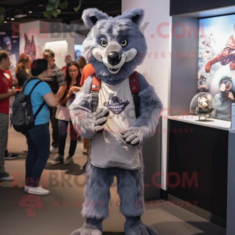 Gray Hyena mascot costume character dressed with a Mom Jeans and Caps Gray Hyena mascot costume character dressed with a Mom Jeans and Caps
