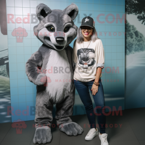 Gray Hyena mascot costume character dressed with a Mom Jeans and Caps