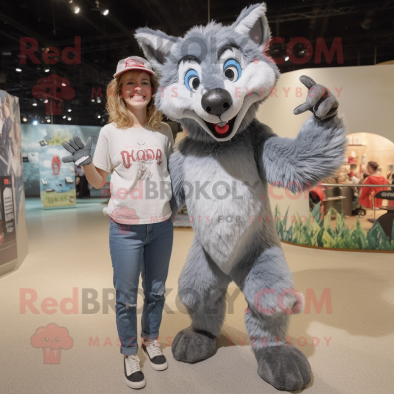 Gray Hyena mascot costume character dressed with a Mom Jeans and Caps Gray Hyena mascot costume character dressed with a Mom Jeans and Caps