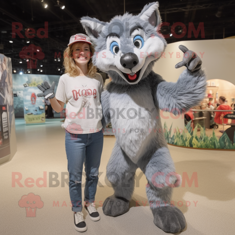 Gray Hyena mascot costume character dressed with a Mom Jeans and Caps