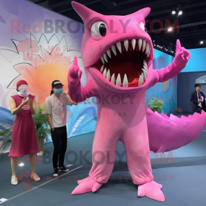 Pink Megalodon mascot costume character dressed with a Jumpsuit and Hairpins