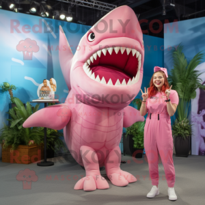 Pink Megalodon mascot costume character dressed with a Jumpsuit and Hairpins