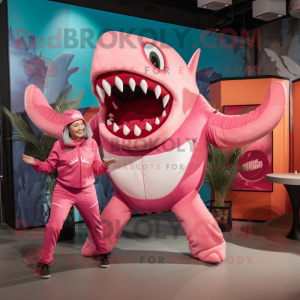 Pink Megalodon mascot costume character dressed with a Jumpsuit and Hairpins